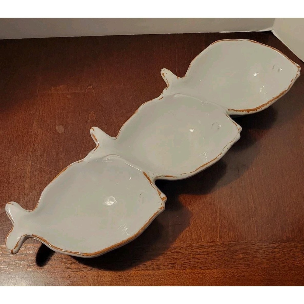 Vietri White Ceramic 3 Part Fish Shaped Relish/ Trinket Tray 12.5" Made Italy